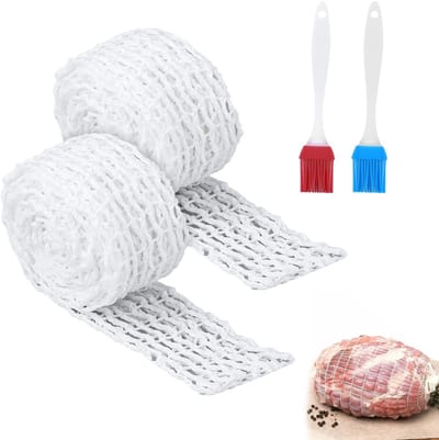 Dailygoods- Braadnet - Vleesnetrol 2 Stuks - Katoendraad - 27,4 x 16,8 x 2 cm - Siliconen Borstels - Flexibel en Warmtebestendig - Vleesnet