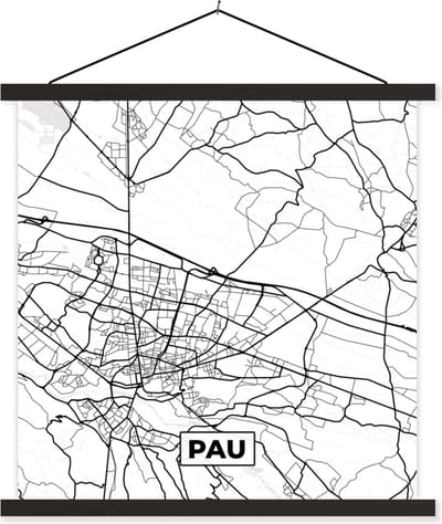 Posterhanger incl. Poster 60x60 cm - Schoolplaat - Frankrijk - Plattegrond - Pau - Stadskaart - Kaart - Zwart wit - Textielposter - Zwarte latten - Stadskaart