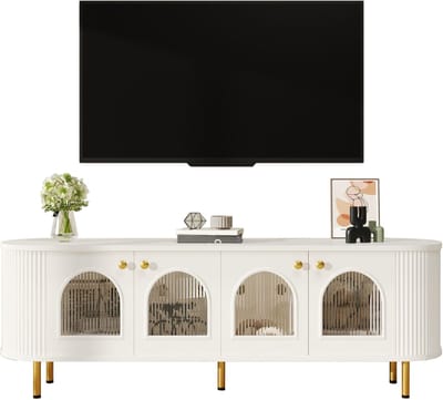 TV-lowboard - Glazen Deuren - Gouden Handgrepen en Poten - Praktische Opslag - Hout en Glas - Wit