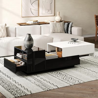 BLACKCOLORS Glanzende salontafel 100*50*38 cm, salontafel met 1 lade, bijzettafel met uitschuifbaar blad, geometrische tafel, salontafel met zwart-wit gestikt motief, grote opbergruimte