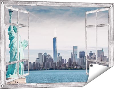Gards Tuinposter Doorkijk Vrijheidsbeeld in New York - 90x60 cm - Tuindoek - Tuindecoratie - Wanddecoratie buiten - Tuinschilderij