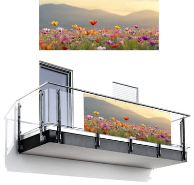 Balkonscherm 300x120 cm - Balkonposter Bloemenveld - Bergen - Zonlicht - Bloemen - Balkon scherm decoratie - Balkonschermen - Balkondoek zonnescherm