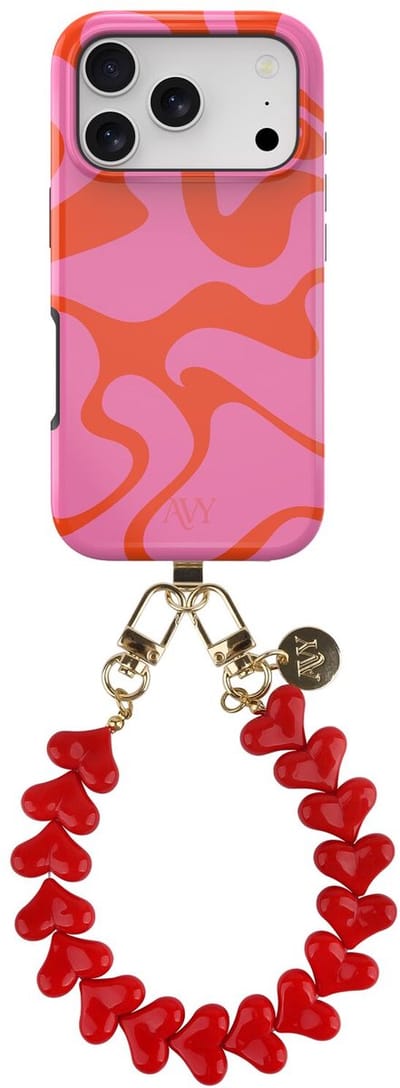 AVY Hoesje Met Telefoonkoord | Geschikt voor Apple iPhone 17 Pro | Compatibel met MagSafe | Hard Shell Back Cover | Stijlvol Bijpassend Koord 30CM | Rose Hearts | Roze