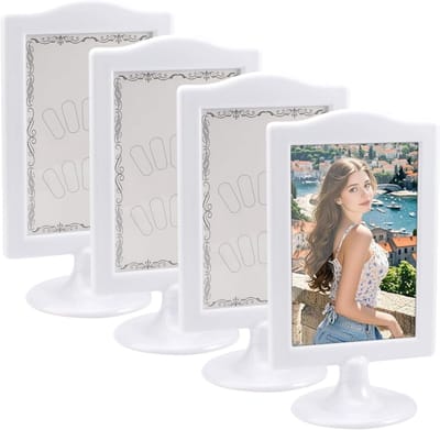 Allecto Plus - Verticale Fotolijsten 4 stuks Dubbelzijdig 4x6 inch - Tafelnummers Houder voor Bruiloft - Inclusief Inserts en Voetstuk
