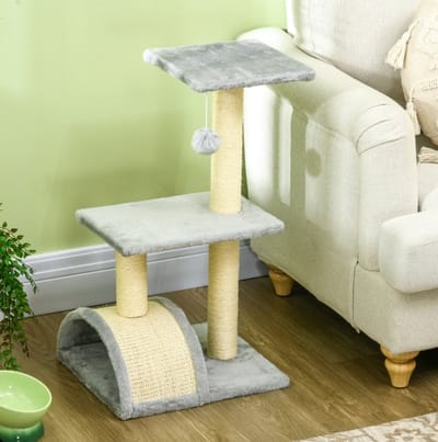 MEUNIQ Krabpaal 72 cm met sisalpalen, platforms, boogkrabmat en hangbal, kattenmeubel met pluche bekleding en kattenhuisje voor spelen en rusten, lichtgrijs