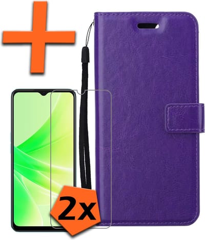 Hoes - Met 2x Screenprotector - Geschikt voor OPPO A57 - Luxe Pasjeshouder - Bookcase Portemonee - Flip Case - Kunstleer Book Case - Flipcase Hoes - Book Cover - Walletcase - PortemonneeHoes - Paars