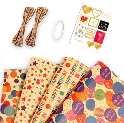 QTTVBTNA Verjaardag Inpakpapier – 4 vellen Kraft Papier – 50 X 70 cm –Cadeaupapier voor verjaardag, Sinterklaas & Kerst