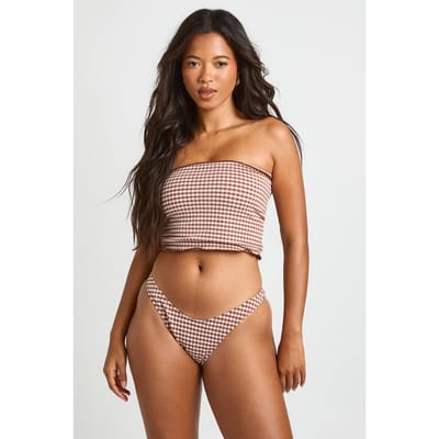 boohoo Dames Gingham Longline Bandeau Bikini Top Met Ruches En Bikinibroekje Set | Bruin | Maat: 34