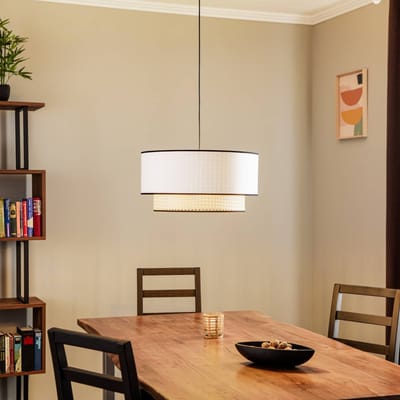 Duolla Boho-hanglamp, wit/hout, Ø 45 cm, textiel/rotan