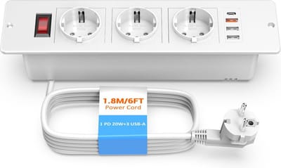 StayPowered Inbouw Stekkerdoos - Houd Je Werkplek Netjes en Opgeladen - 3 Stopcontacten - USB-C PD 20W - 3 USB-A Poorten - Snelle Oplaadtijden - Eenvoudige Inbouw - Elegant Design - Wit - Levering Sneller dan Aangegeven!