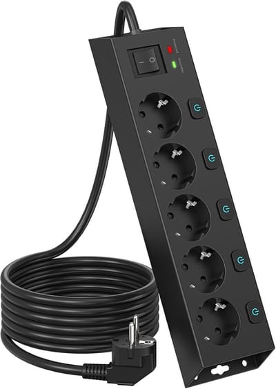 StayPowered Stekkerdoos - Bespaar Energie met Individueel Schakelbare Stopcontacten - 5 Stopcontacten - Overspanningsbeveiliging - 2M Kabel - Wandmontage Mogelijk - Max. 3680W/16A - Zwart - Levering Sneller dan Aangegeven!