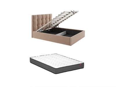 Vente-unique Bed met opbergruimte fluweel beige 180 x 200 cm (Super King Size Bed)