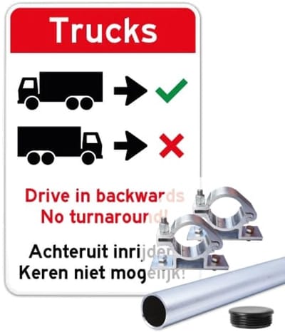 Bord Trucks Achteruit inrijden - Drive in backwards - Weerbestendig Aluminium - 40x60 cm - Bevestiging: Met paal 150 cm + paalbeugels + paaldop