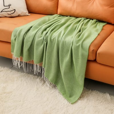 Faux Cashmere Kwastjes Deken - Decoratieve Lichtgewicht Deken - Superzachte Gebreide Deken - Met Kwastjes - Voor Bed of Bank, 127 x 152cm - groente