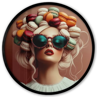 Poster in lijst Rond - Fotolijst 40x40 cm - Posters - Vrouw - Macarons - Bril - Ronde posterlijst zwart - Decoratie - Wanddecoratie woonkamer - Muurdecoratie slaapkamer