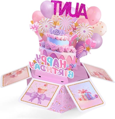 Grappige Pop-Up Verjaardagkaart voor Tante met Ballonnen en Vuurwerk, Creatief 3D Ontwerp en Envelop, Perfect Cadeau voor Verjaardag van Tante