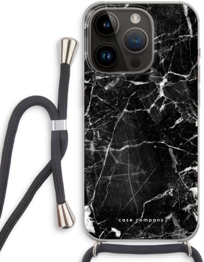 Case Company® - Hoesje met koord geschikt voor iPhone 14 Pro hoesje met Koord - Zwart Marmer - Telefoonhoesje met Zwart Koord - Bescherming aan alle Kanten en Over de Schermrand