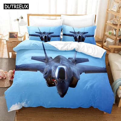 3D Straaljager Gevechtsvliegtuig F-35 Beddengoedsets Dekbedovertrekset Met Kussensloop Eenpersoons Tweepersoons Queen King Beddengoed AU Single(140x210cm)