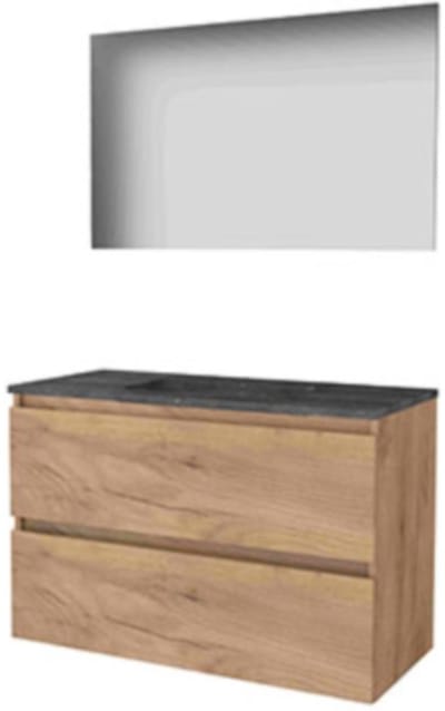 Basic-Line Basic 46 Badkamermeubelset - 100 x 46 cm - Greeploos - 2 Lades - Hardstenen Wastafel - 1 Kraangat - Spiegel - Whisky Oak