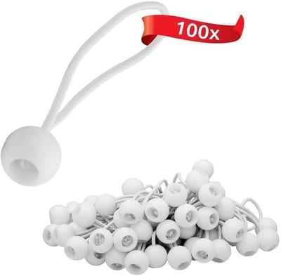 100 x elastische bungee-koorden met plastic bal, elastische haken, tentbungee-banden voor zeilen, tuinpaviljoenen, tenten, hoge spanning - Wit