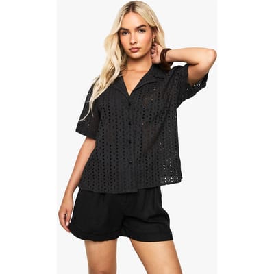 boohoo Dames Broderie Short Sleeve Shirt | Black | Maat: 8