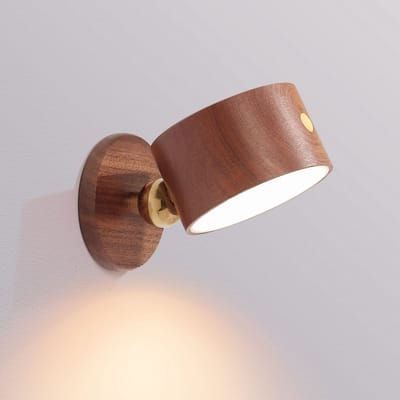 Kraftverdia Magnetische LED Wandlamp - 360° Draaibaar & Dimbaar - Oplaadbare Batterij - Hout Design - Eenvoudige Plakmontage - Ideaal voor Slaapkamer & Leeshoek Zacht 4000K Licht