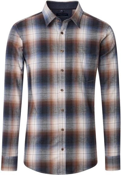 CASA MODA Sport comfort fit overhemd - flanel - blauw met bruin - grijs en beige geruit - Strijkvriendelijk - Boordmaat: 43 - 44