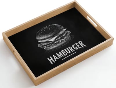 Dienblad hout 50x35 cm - Schootdienblad - Hamburger - Krijttekst - Zwart - Wit - Borrelplank rechthoek - Plateau dienbladen