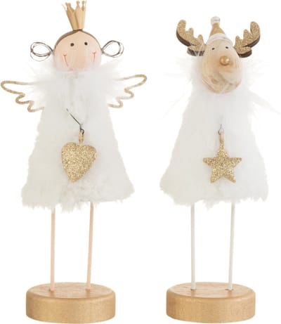 J-Line figuur Engel/Rendier Op Voet - vacht/hout - wit/goud - small - 2 st.