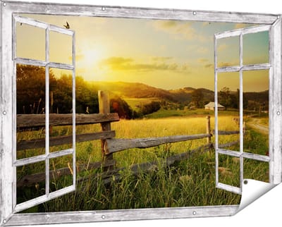 Gards Tuinposter Doorkijk Boerderij Hekken op het Grasveld - 150x100 cm - Tuindoek - Tuindecoratie - Wanddecoratie buiten - Tuinschilderij