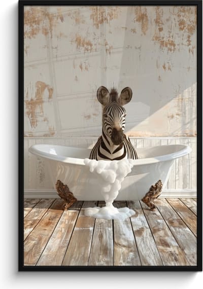 Poster in lijst - Fotolijst 80x120 cm - Posters - Vintage - Zebra - Wilde dieren - Badkuip - Posterlijst zwart - Wanddecoratie badkamer - Muurdecoratie WC - Decoratieve accessoires - Toilet muur decoratie
