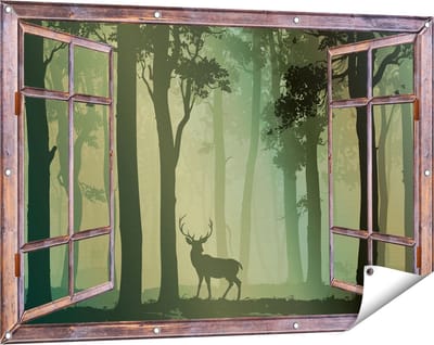 Gards Tuinposter Doorkijk Hert in het Bos - Silhouet - 120x80 cm - Tuindoek - Tuindecoratie - Wanddecoratie buiten - Tuinschilderij