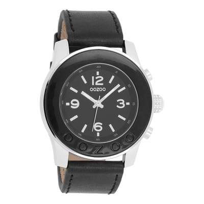 OOZOO Timepieces - Zilverkleurige horloge met zwarte leren band - C4569