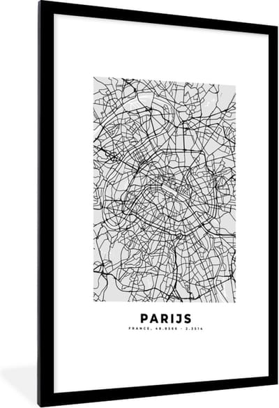 Fotolijst incl. Poster Zwart Wit- Parijs - Stadskaart - Zwart Wit - Plattegrond - Kaart - 60x90 cm - Posterlijst