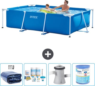 Intex Rechthoekig Frame Zwembad - 260 x 160 x 65 cm - Blauw - Inclusief Solarzeil - Onderhoudspakket - Zwembadfilterpomp - Filter - 5-delig