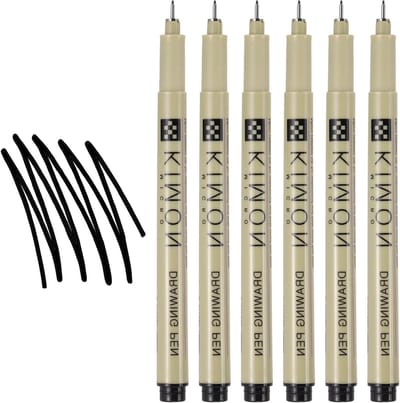 Fijne fineliner pennen 0,35 mm met waterdichte inkt voor tekenen en schetsen, set van 6 voor journaling en aquarelkunst