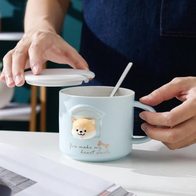 Tasse en céramique Shiba Inu tridimensionnel mignon dessin animé Tasse chien Akita avec couvercle cuillère Étudiant Bureau Maison Tasse à eau Couple 301-400ml