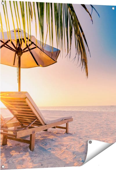 Gards Tuinposter Tropisch Strand tijdens Zonsondergang - 80x100 cm - Tuindoek - Tuindecoratie - Wanddecoratie buiten - Tuinschilderij