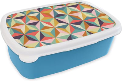 Broodtrommel Blauw - Lunchbox - Brooddoos - Retro - Regenboog - 3D - Geometrie - Driehoek - 18x12x6 cm - Kinderen - Jongen