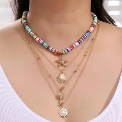 Collier Bohème Multicouche Empilable Pour Femmes Pendentif Soleil Étoile de Mer Coquillage Chaîne Fête Féminine Bijoux Bohèmes Cadeau brown