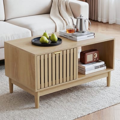 HAUSS SPOLE Salontafel - Retro Design Met Lade En Open Vakken - Voor Kleine Woonkamer - Houtlook Eiken - 80x50x45 Cm