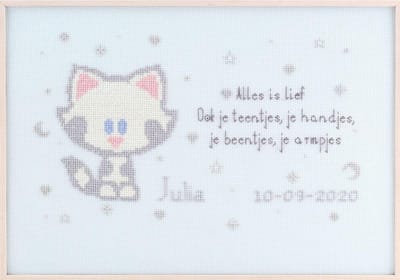 Pako Borduurpakket - geboorte - telpatroon - Woezel & Pip geboort tegel Buurtpoes - 271044 - Aida blauw - 33 x 23 cm - DIY kit