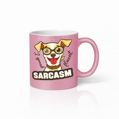 “I Speak Fluent Sarcasm” Hondenmok – Grappige Cartoon Hond met Bril – 330 ml Roze Humoristische Koffiebeker