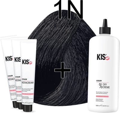 Kis KeraCream Color - 100ml - Haarverf Set - 1N Zwart | KIS - (3 x haarverf & 1L waterstofperoxide)
