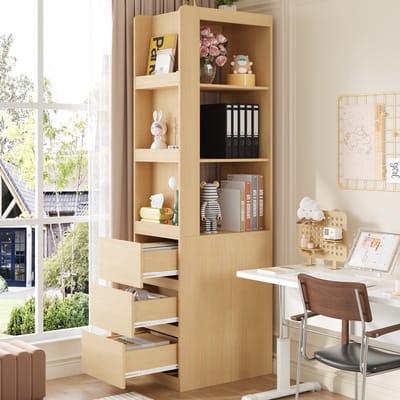 DESMIU Boekenkast - Smal Opbergmeubel Met Open Vakken En Laden - Voor Woonkamer Slaapkamer En Kantoor - Spaanplaat Eikenkleur - 60x40x200 Cm