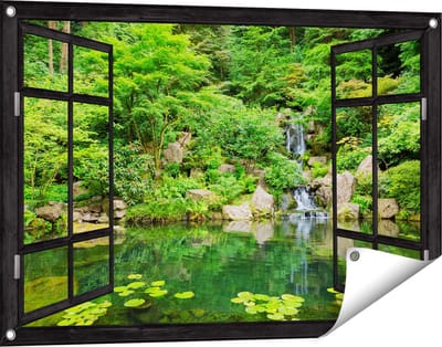 Gards Tuinposter Doorkijk Panorama van Japanse Tuin - 90x60 cm - Tuindoek - Tuindecoratie - Wanddecoratie buiten - Tuinschilderij