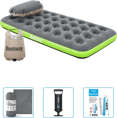 Bestway luchtbed - 1-Persoons - 99 x 188 x 22 cm - Grijs/Groen - Inclusief Hoeslaken - Pomp en Reparatieset