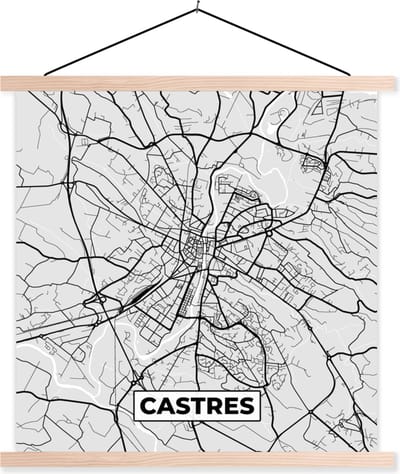 Posterhanger incl. Poster 40x40 cm - Schoolplaat - Plattegrond - Kaart - Stadskaart - Frankrijk - Castres - Textielposter - Blanke latten - Stadskaart
