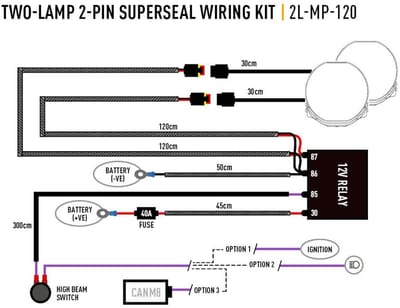 Kabelset - Lazer - Mid Power - 2 lampen - Incl. schakelaar - 2 pins - Superseal - 12V