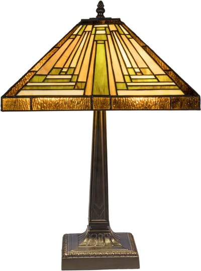 Tiffany tafellamp Mission stijl - Amber-groen-crème - B 35,5 cm - Glas in lood - Warm licht - Geometrisch - Vierkante kap | RORUVERA